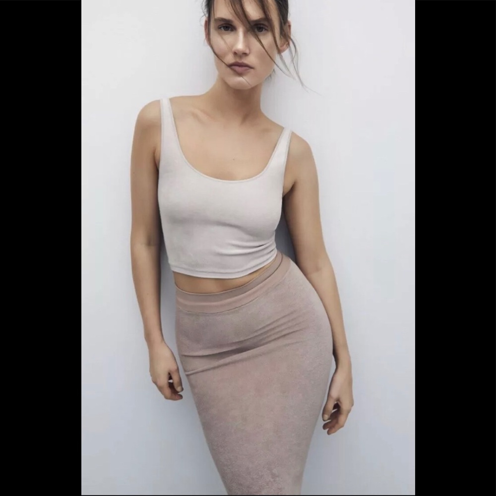 Zara Seamless Midi Skirt Beige Size M/L.Terry Cloth